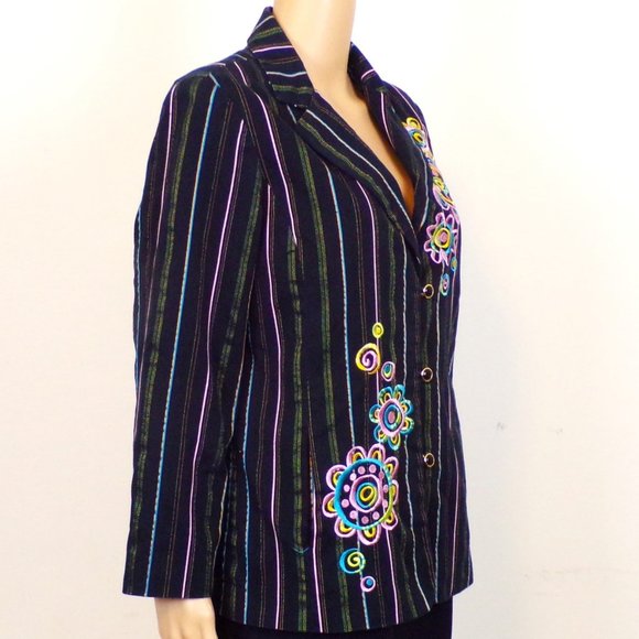 BOB MACKIE WEARABLE ART size M blazer black + multicolor stripes & embroidery - Picture 4 of 16